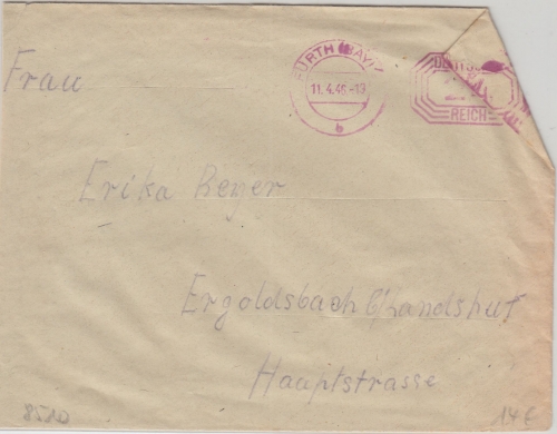 All.Bes. - Fürth 1946 24 Pfg. Postfreistempel Brief n. Ergoldsbach "Crash-Mail"