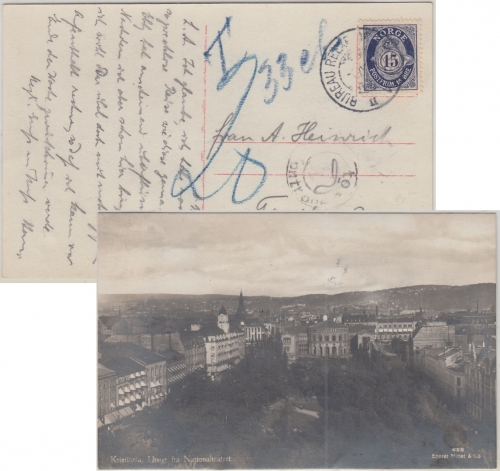 Norwegen - Portocontrolle K2 Ansichtskarte Kristiania n. Fürth 1924 Nachporto