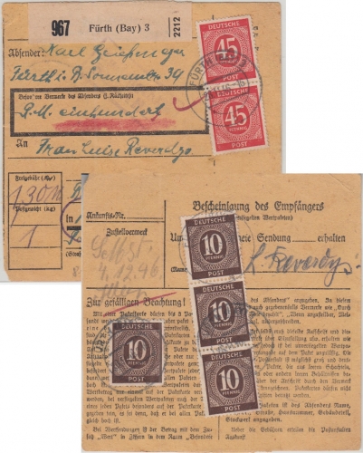 All.Bes./Kontrollrat - 2x45+4x10 Pfg. Ziffer Wertpaketkarte Fürth Eilsbrunn 1946