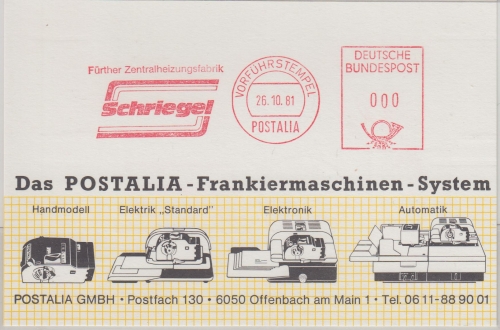 BRD - Fürth 1981 Fa. Schriegel Postalia Vorführstempel Werbekarte