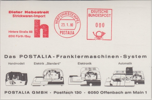 BRD - Fürth 1980 Fa. Hebestreit Postalia Vorführstempel Werbekarte