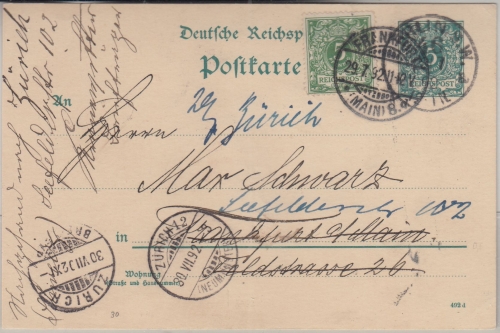 DR - 5 Pfg. K/A Ganzsache Berlin - FFM 1892 5 Pfg. Weiterfranko i.d. SCHWEIZ