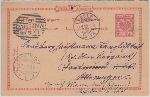 DR - 10 Pfg. K/A Ganzsache Antwortteil a.d. SCHWEIZ Locle - Dortmund 1896