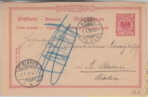 DR - 10 Pfg. K/A Ganzsache Antwortteil a.d. SCHWEIZ Basel - St. Blasien 1899