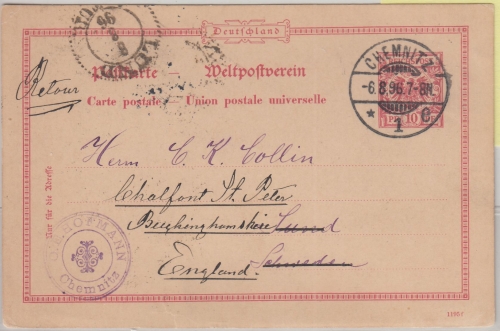 DR - 10 Pfg. K/A Ganzsache n. SCHWEDEN Weiterleitung ENGLAND Chemnitz 1896