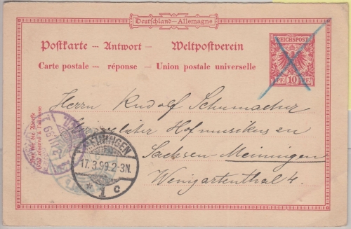 DR - 10 Pfg. K/A Ganzsache Antwortteil a. RUSSLAND St. Petersburg Meiningen 1899