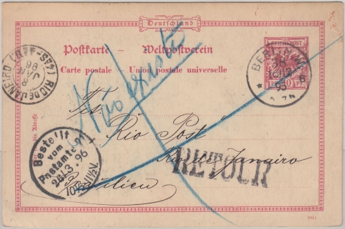 DR - 10 Pfg. K/A Ganzsache n. BRASILIEN Berlin W38 - Rio de Janeiro 1896 Retour