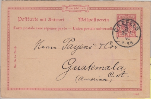 DR - 10 Pfg. K/A Ganzsache Frageteil n. GUATEMALA Crefeld 1896