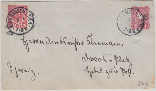 DR - 10 Pfg. GA-Umschlag + 10 Pfg. K/A Brief i.d. SCHWEIZ Mühlhausen Thür. 1890