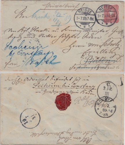 DR - 10 Pfg. Ganzsache Brief Neisse - Berlin - Seeheim/Konstanz 1889 Anschrift !