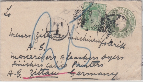 Indien - 1/2 A. Eduard VII. Ganzsache+Zusatz Kurla - Zittau 1910 Nachporto