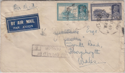 Indien - 6+8 A. Freimarken Luftpost-Zensurbrief Calcutta - Wales 1940
