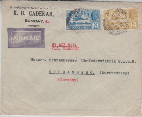 Indien - 3+6 A. Freimarken Luftpostbrief Bombay - Schramberg 1931