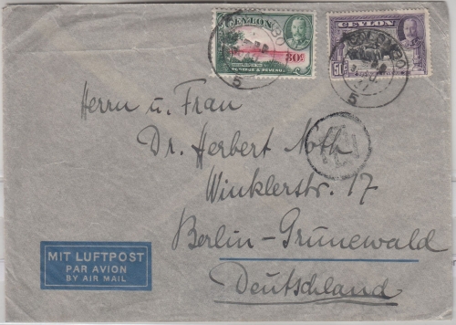Ceylon - 30+50 C. Freimarken Luftpostbrief Colombo - Berlin-Grunewald 1931