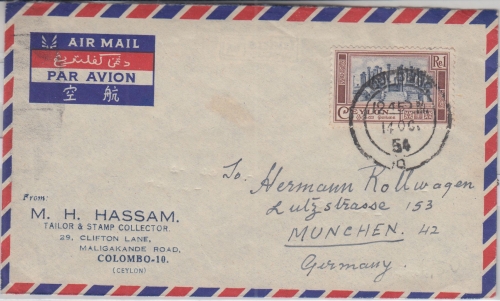 Ceylon - 1 R. Freimarke Luftpostbrief Colombo - München 1954