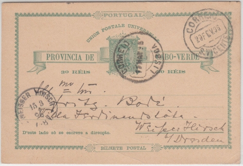 Cabo Verde - 30 R. Louis I. Ganzsache S. Vincente Weißer Hirsch b. Dresden 1896