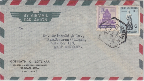 Portug. Indien - 10 T. Kirchenruine u.a. Luftpostbrief Margoa - Kaufbeuren 1953
