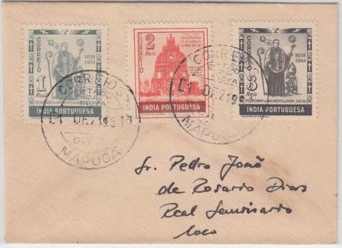 Portug. Indien - 3+2+1 R. 300. Geb. Pater Vaz Ortsbrief Mapuca 1. DEZ 1951
