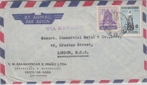 Portug. Indien - 10 T. Kirchenruine ua. Luftpostbrief n. ENGLAND Goa London 1956