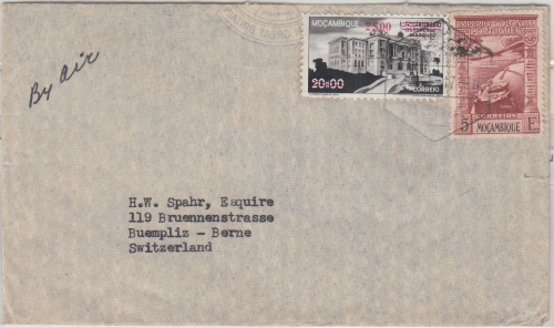 Mocambique - 2/20 E. Stadthaus/Überdruck u.a. Luftpostbrief i.d. SCHWEIZ 1947