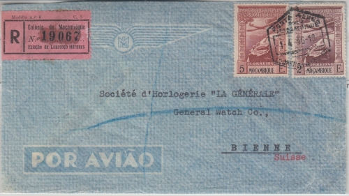 Mocambique - 5+2 E. Flugpostausg. Luftpost-Einschreibebrief i.d. SCHWEIZ 1946