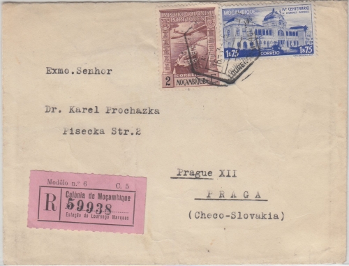 Mocambique - 1,75 E. Hauptbahnhof u.a. Einschreibebrief i.d. CSSR 1946