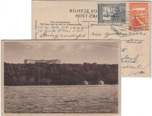 Mocambique - 80+20 C. Freimarken Zensurkarte n. ENGLAND Lourenco Marques 1942