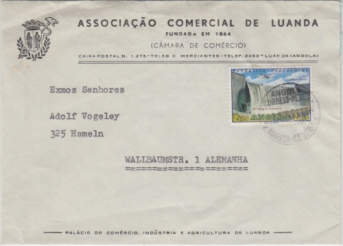 Angola - 2,50 E. Staudamm Firmenbrief Luanda - Hameln 1966