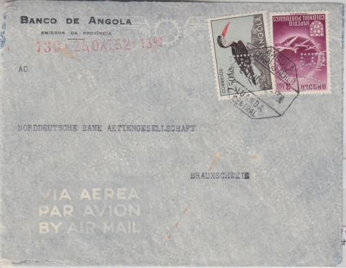 Angola - 3 A. Globus u.a. Perfin "BA" Luftpostbrief Luanda - Braunschweig 1952