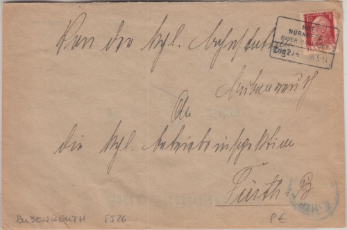 Bayern - 10 Pfg. Luitpold/E Brief Bubenreuth Bahnpost Hof Nürnberg Zug 214 1914