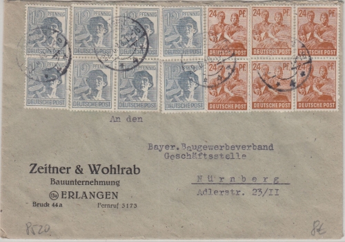 All.Bes./Währungsreform - 6x24+8x12 Pfg. Arbeiter Brief Erlangen 22.6.48
