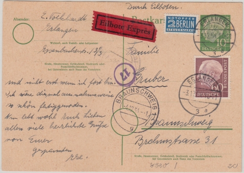 BRD - 10 Pfg. Heuss Ganzsache+Zusatz Eilkarte Erlangen 3 - Braunschweig 1954