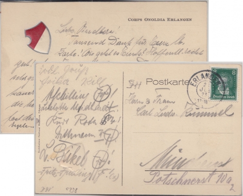 Bayern - Erlangen Corps Onoldia Prägekarte m. Wappen Studentika gelaufen 1925