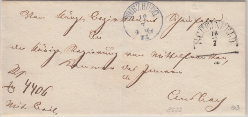 Bayern - Scheinfeld 16/7 HKS Dienstbrief ü. Würzburg n. Ansbach 1872