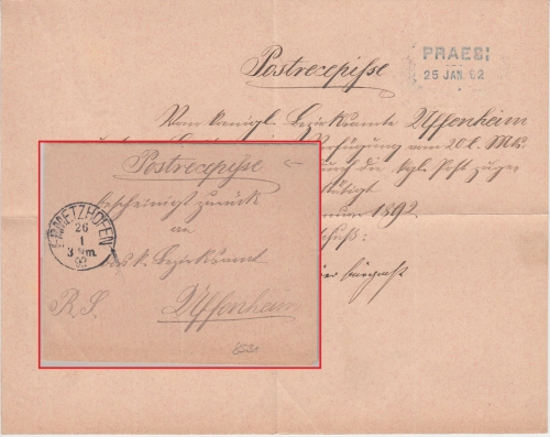 Bayern - Ermetzhofen 1892 K1 Postrecepisse n. Uffenheim