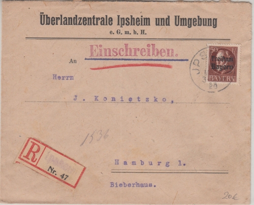 Bayern - 50 Pfg. Ludwig/Freistaat Einschreibebrief Ipsheim - Hamburg 1920