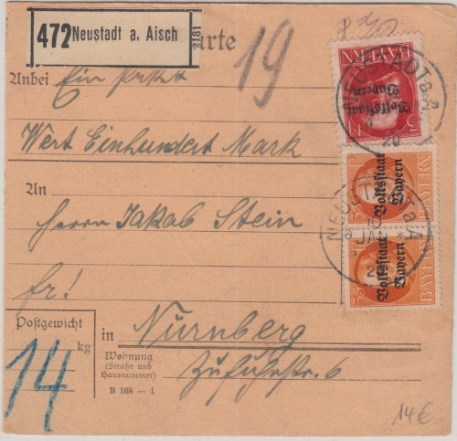 Bayern - 3M. Pfg. Ludwig/Volksstaat Wertpaketkarte Neustadt a/A. - Nürnberg 1920