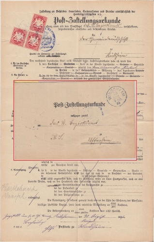 Bayern - Windsheim 1899 Zustellurkunde n. Uffenheim - innen 3x10 Pfg. Wappen