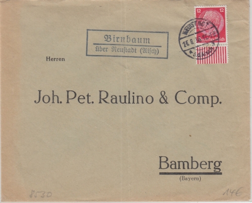 DR - Birnbaum ü. Neustadt (Aisch) Landpost-Ra2 Brief n. Bamberg 1936