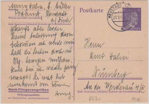 DR - 6 Pfg. AH Ganzsache/Nach Fliegerangriffen... Neustadt a(A.- Nürnberg 1943
