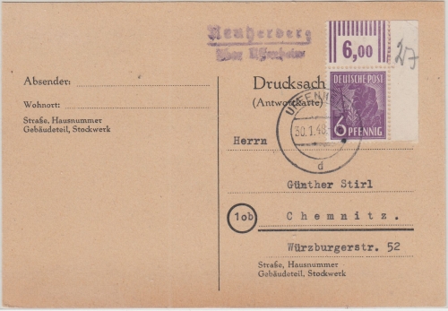 All.Bes. - Neuherberg ü. Uffenheim Landpost-L2 Drucksache n. Chemnitz 1946