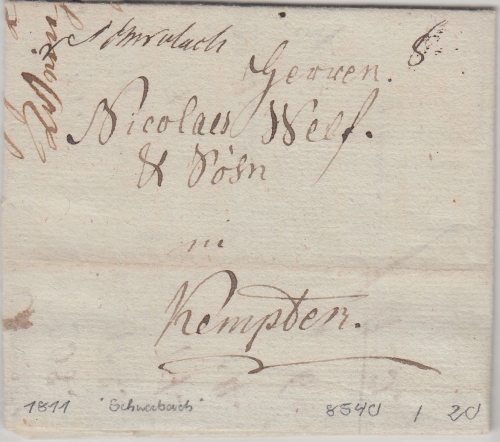 Bayern - v. Schwabach hdschr. Portobrief n. Kempten 25. AUG 1811