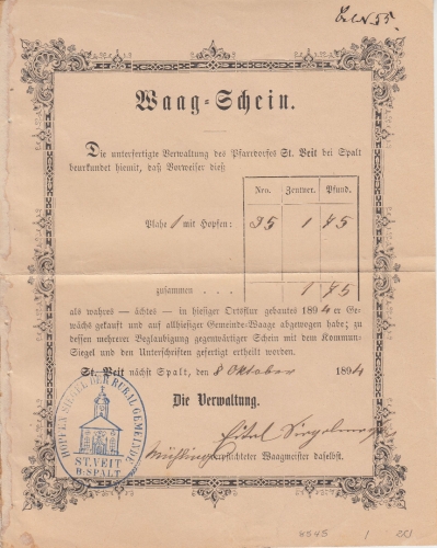 Bayern - St. Veit b. Spalt Waagschein Hopfensiegel d. Rural-Gemeinde 1894