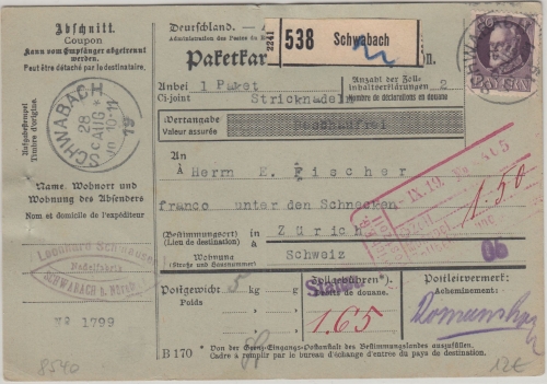 Bayern - 80 Pfg. Ludwig Paketkarte i.d. SCHWEIZ Schwabach - Zürich 1919