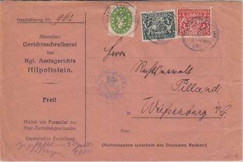 Bayern - 5 Pfg. Dienst/Abschied u.a. Zustellurkunde Hilpoltstein 22. APR 20
