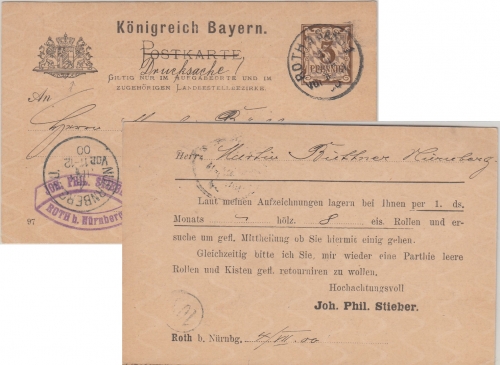 Bayern - 3 Pfg. Rauten Ganzsache priv. Zudruck Fa. Stieber Roth - Nürnberg 1900