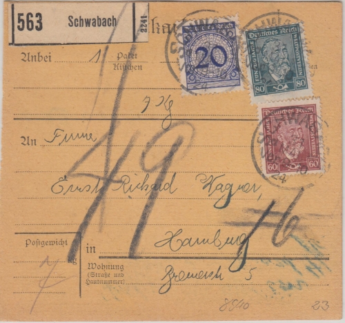 DR - 80+60 Pfg. Stephan u.a. Paketkarte Schwabach - Hamburg 1924