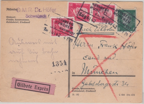 DR - 3x15+8 Pfg. Ebert/Hindenburg Eilkarte Bahnpost München Nürnberg Zug 1929