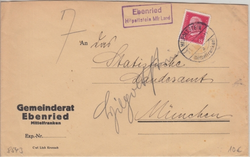 DR - Ebenried Hilpoltstein Mfr Land Landpost-Ra2 Brief n. München 1931