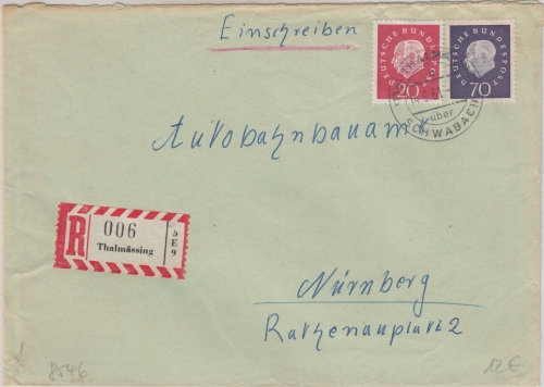 BRD - Thalmässing ü. Schwabach Poststelle I Einschreibebrief n. Nürnberg 1961